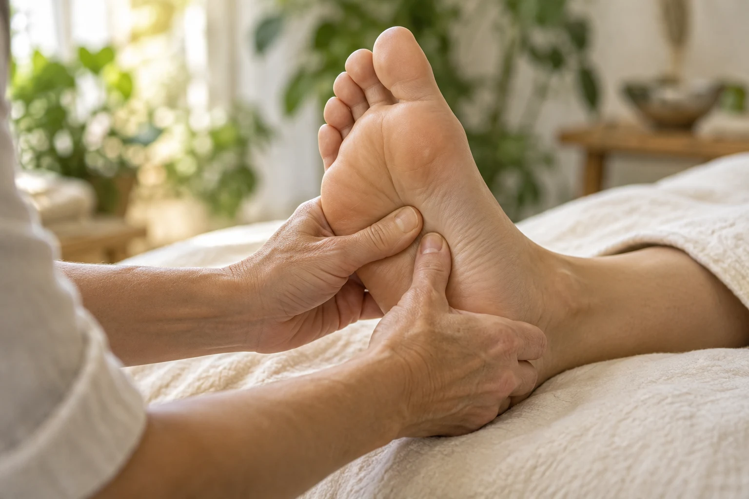 Illustrative reflexology session: hands gently working on a foot.